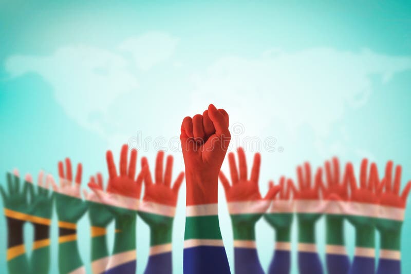 South Africa national flag on leader`s fist hands for human rights, leadership, reconciliation concept. South Africa national flag on leader`s fist hands for human rights, leadership, reconciliation concept.