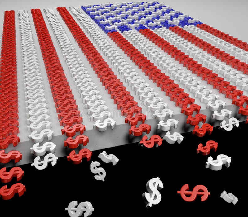 A flag made up of dollar signs that are falling off the edge symbolizing a failing economy. A flag made up of dollar signs that are falling off the edge symbolizing a failing economy.