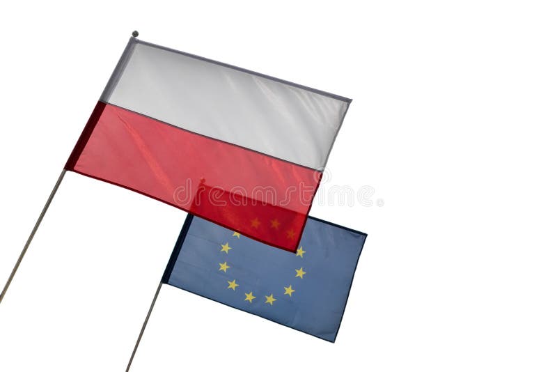 Drapeaux d'Union polonaise et européenne sur le fond blanc avec l'espace de copie photo stock Drapeaux d'Union polonaise et européenne sur le fond blanc avec l'espace de copie photo stock