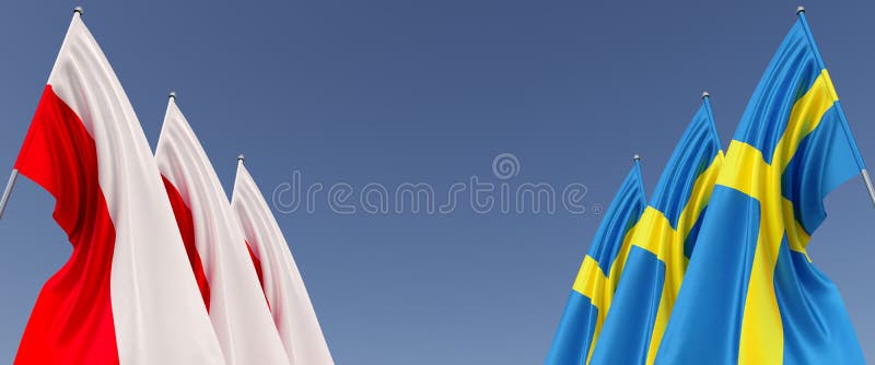 Drapeaux de la pologne et de la suède sur les mâts de côté. drapeaux sur fond bleu. place pour le texte. varsovie polonaise. stock illustration de vecteur