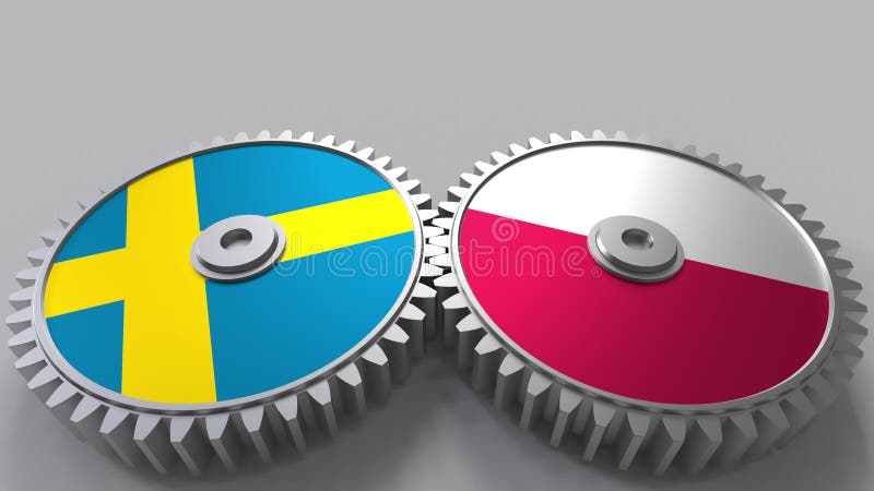 Drapeaux de la Suède et de la Pologne sur les vitesses de maillage Rendu 3D conceptuel de coopération internationale illustration de vecteur
