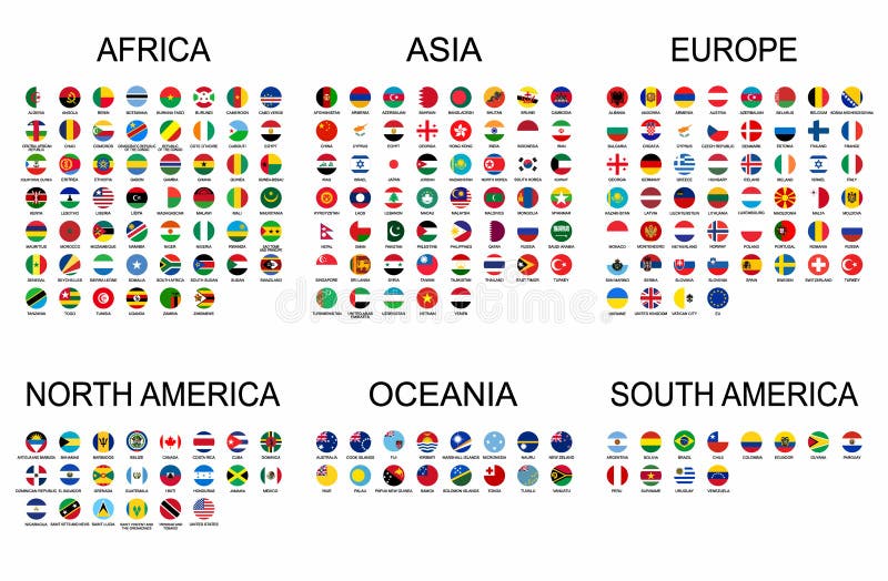 Drapeaux nationaux officiels réglés de vecteur du monde La forme ronde de pays marque la collection avec les emblèmes détaillés