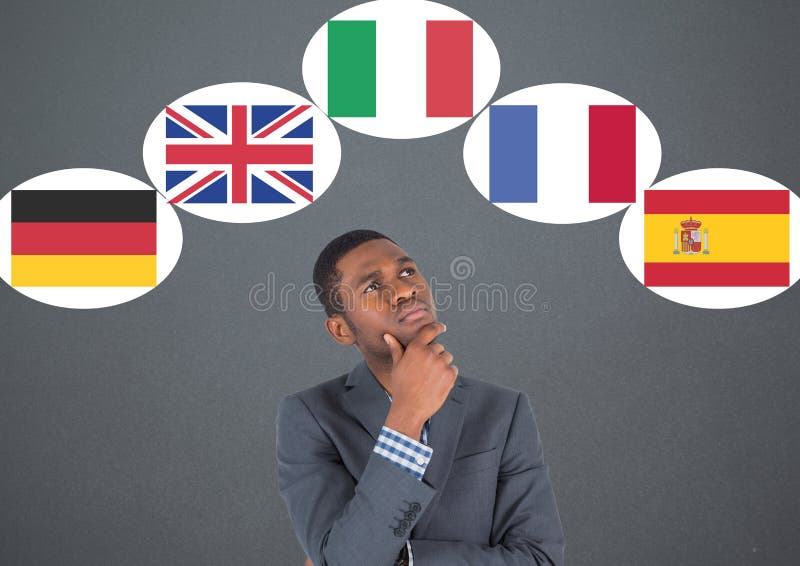 drapeaux principaux de langue autour de la pensée d'homme d'affaires Fond gris foncé images libres de droits drapeaux principaux de langue autour de la pensée d'homme d'affaires Fond gris foncé images libres de droits