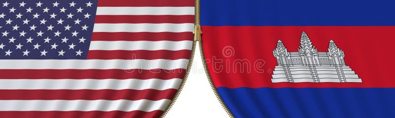 Drapele SUA și Cambodgia privind cooperarea politică sau conflictele și închiderea sau deschiderea unui indicator conceptual 3d royalty free illustration