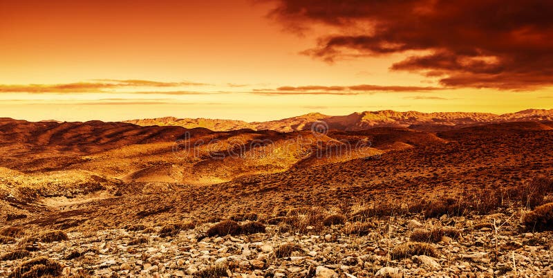 Photo of beautiful red dramatic sunset in desert, sandy mountains landscape, summer season, travel and tourism concept. Photo of beautiful red dramatic sunset in desert, sandy mountains landscape, summer season, travel and tourism concept