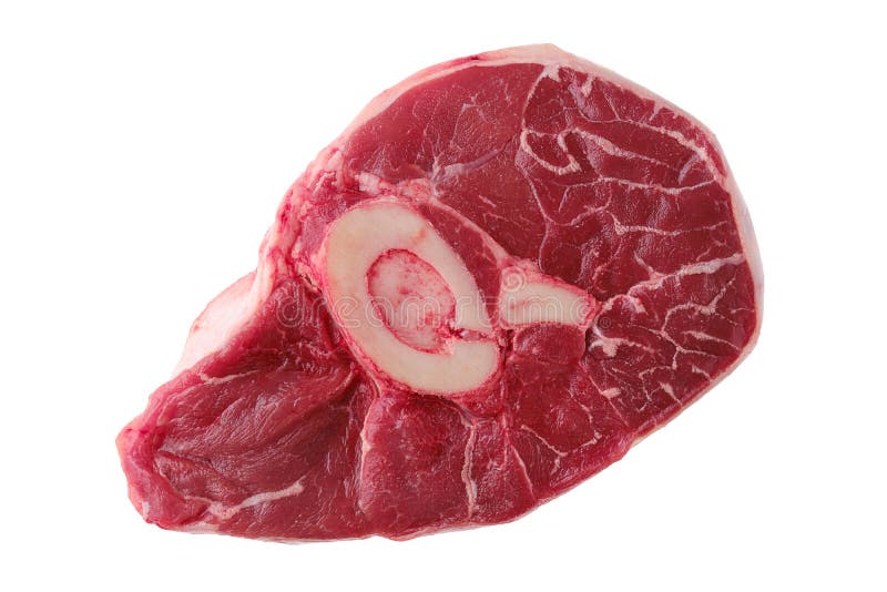 Draufsicht auf rohe Rindfleisch Schaft Querschnitt ossobuco isoliert auf weiß stockfoto