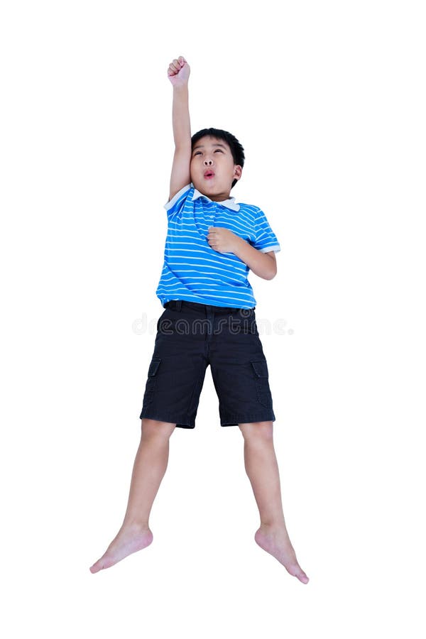 Draufsicht des glücklichen asiatischen Kinderaussehung wie Fliegensuperheld, isolat lizenzfreie stockfotografie Draufsicht des glücklichen asiatischen Kinderaussehung wie Fliegensuperheld, isolat lizenzfreie stockfotografie