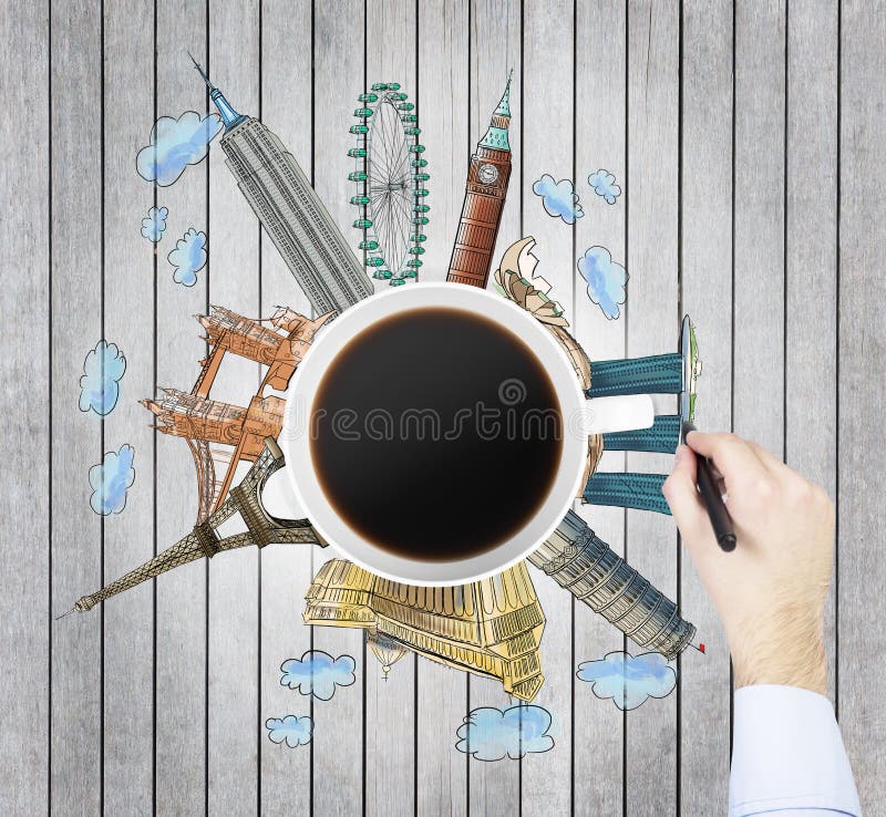 Draufsicht einer Kaffeetasse und der Hand zeichnet bunte Skizzen der berühmtesten Städte in der Welt Das Konzept des Reisens stockbild Draufsicht einer Kaffeetasse und der Hand zeichnet bunte Skizzen der berühmtesten Städte in der Welt Das Konzept des Reisens stockbild