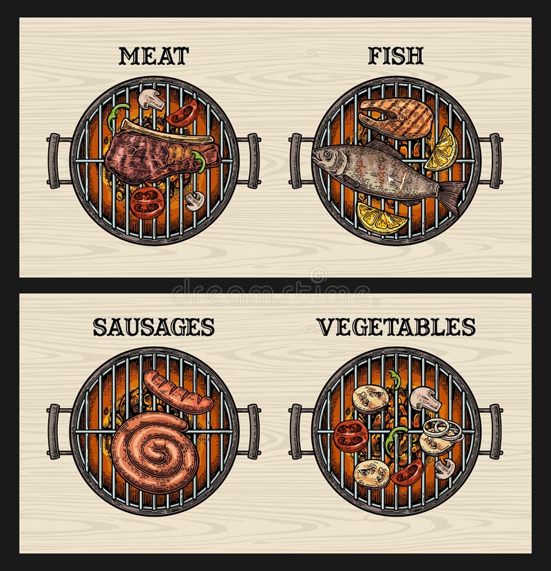 Draufsichtholzkohle des Grillgrills, Gemüse, Wurst, Fisch, Rindfleischsteak stock abbildung