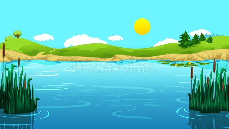 Draw Beautiful Lake Landscape Stock Illustration 
