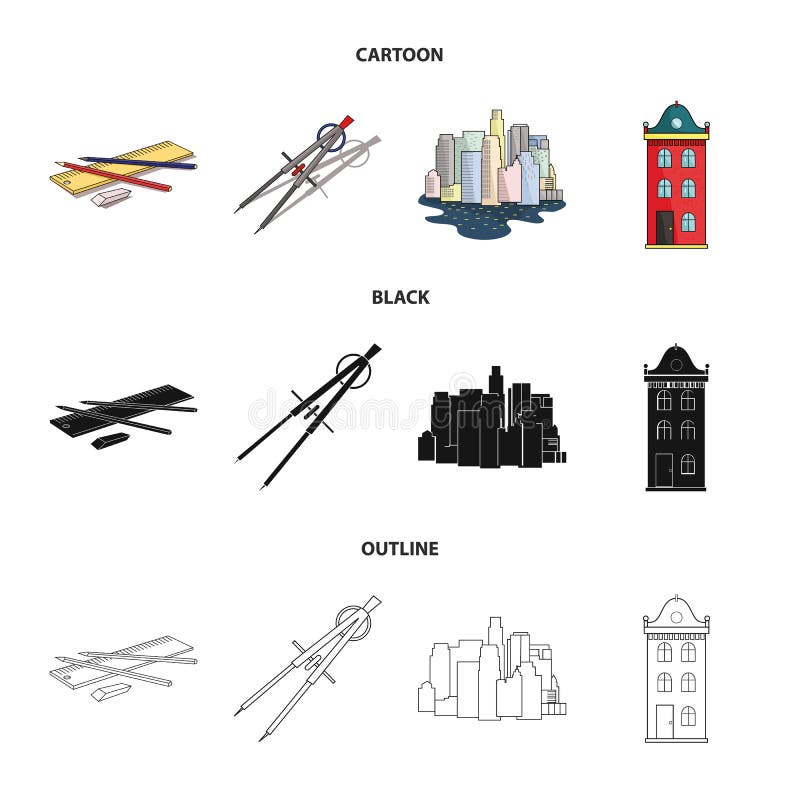 Drawing accessories, metropolis, house model. Architecture set collection  icons in black,cartoon style vector symbol stock illustration web., Stock  vector