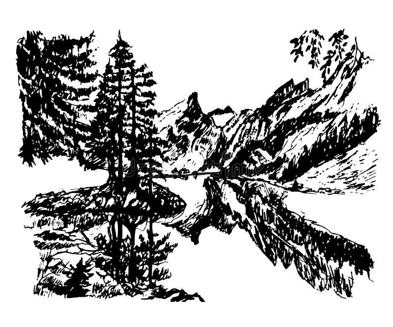 Drawing background landscape beautiful mountain lake in the middle of a coniferous forest, hand-drawn vector illustration vector illustration Drawing background landscape beautiful mountain lake in the middle of a coniferous forest, hand-drawn vector illustration vector illustration