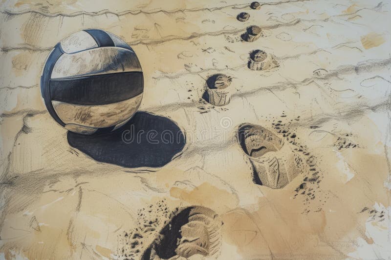 Drawing of a Beach Ball and Footprints in the Sand, A detailed sketch of a volleyball on a sandy beach with barefoot footprints leading up to it, AI Generated.