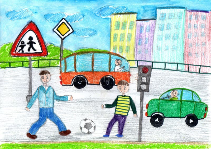 drawing buildings cars happy family walk pencil art childish style lives people city 204925513