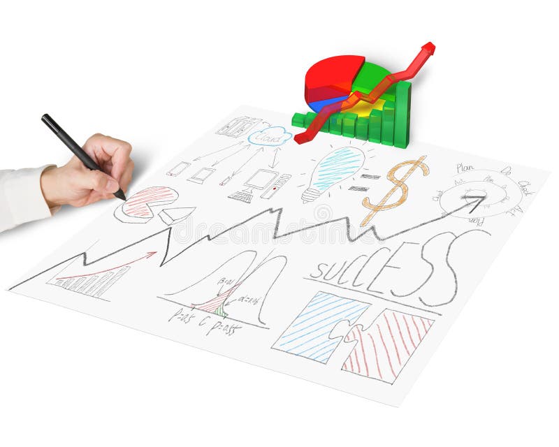 Drawing Business Concept Doodles on Blackboard Stock Illustration