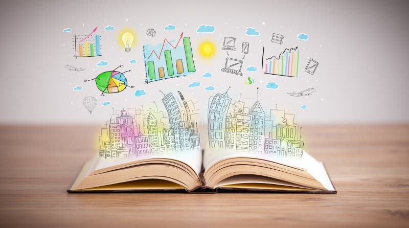 Drawing of a colorful business scheme on an opened book. Diagram marketing research concept stock images, royalty-free photos and pictures
