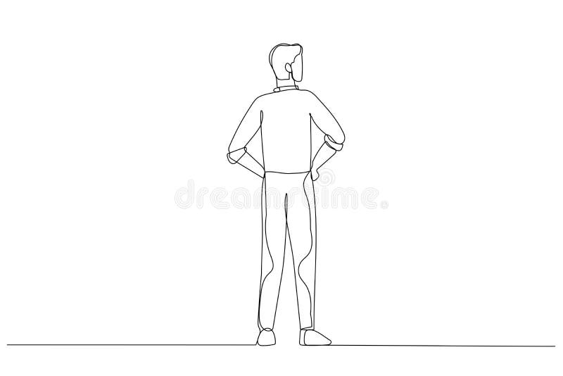 Drawing of businessman in a side view and looks at one hand turned up as if holding something. Single continuous line art style