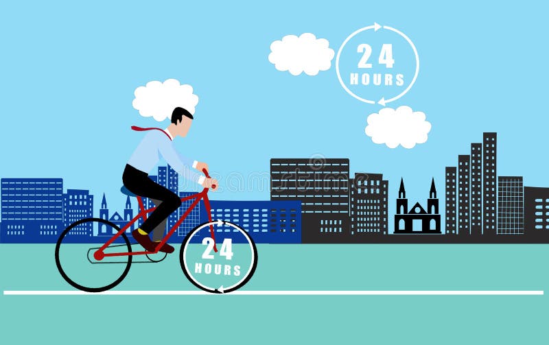 Drawing of  busnessman riding a bike to office,                   , Ecological fast delivery concept, working  twentyfour hours per day. Drawing of  busnessman riding a bike to office,                   , Ecological fast delivery concept, working  twentyfour hours per day