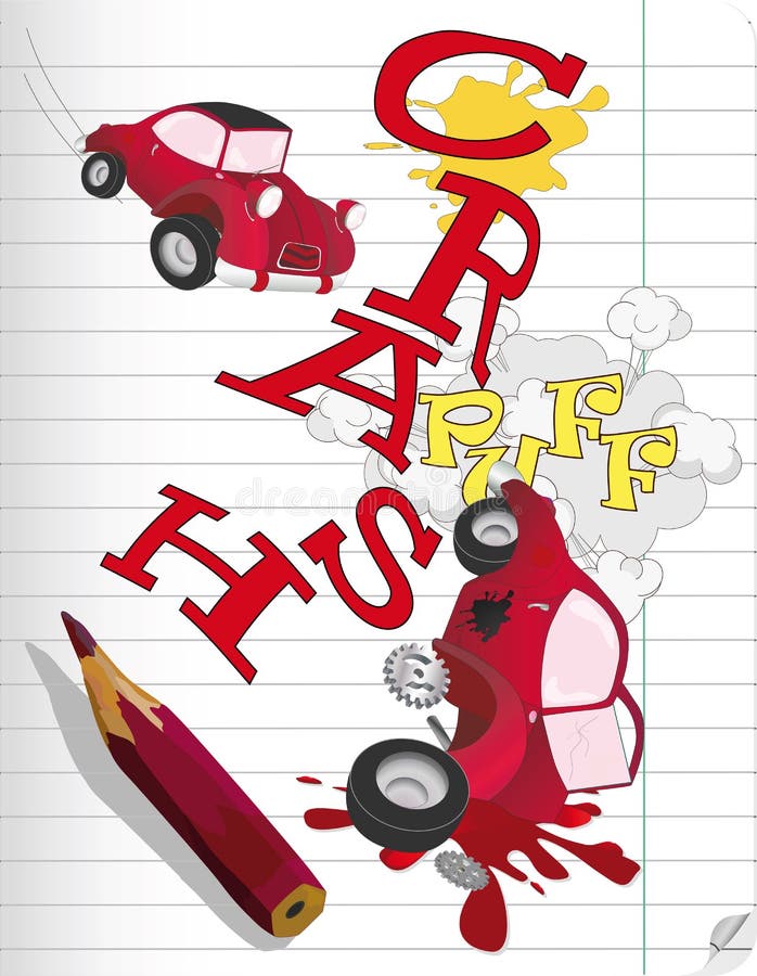 Two drawn red cars on writing-book sheet. Axle wheel vectors