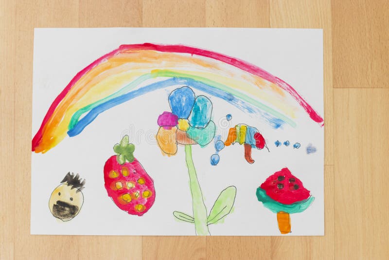 drawing of a child on the theme of a happy summer with the whole family, rainbow, flowers, strawberry, watermelon ice cream,