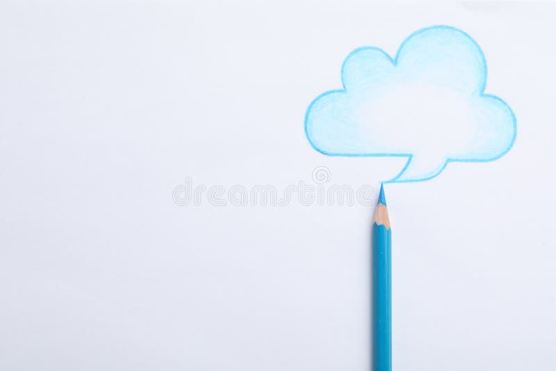 Drawing of Cloud and Light Blue Pencil on White Background, Top View