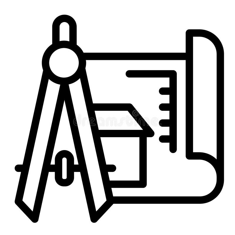 Drawing compass and house project line icon, architect studio concept. Vector graphics. Compass with building plan sign stock illustration