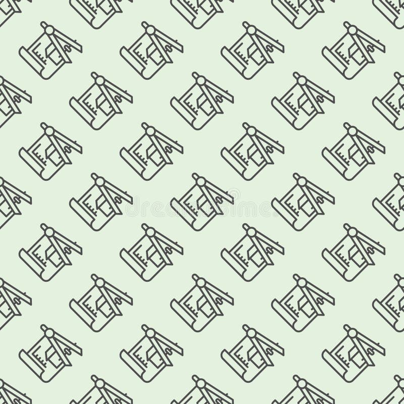 Drawing compass and house project line seamless pattern, architect studio theme. Vector graphics. Compass with building vector illustration