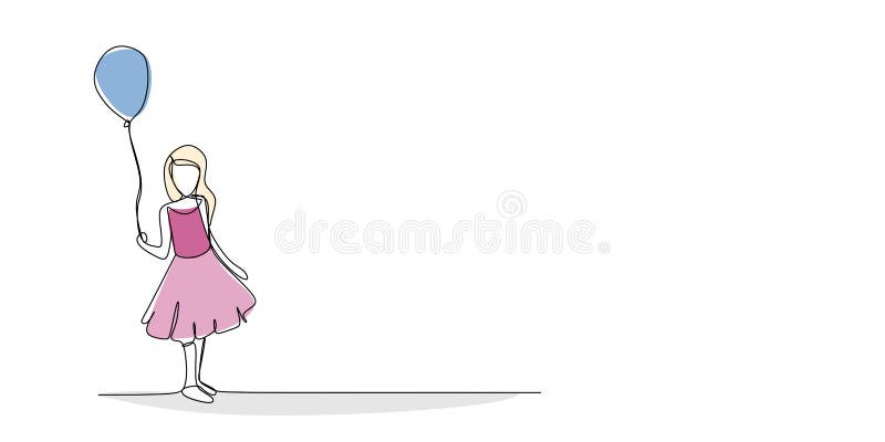 drawing a continuous line of little girls playing balloons vector illustration drawing a continuous line of little girls playing balloons vector illustration