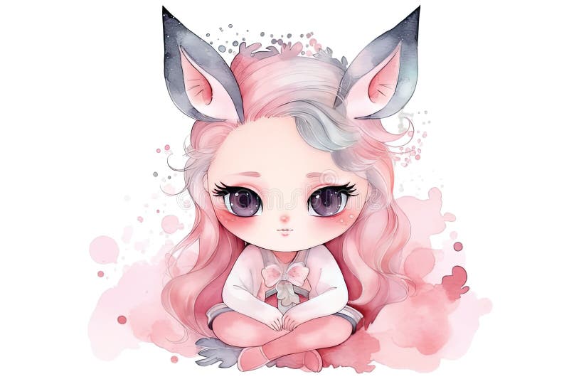 Cute Girl Anime Kawaii Watercolor Ilustration AI Generated Stock