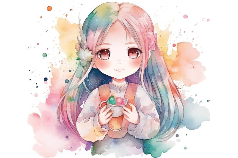 Cute Girl Anime Kawaii Watercolor Ilustration AI Generated Stock