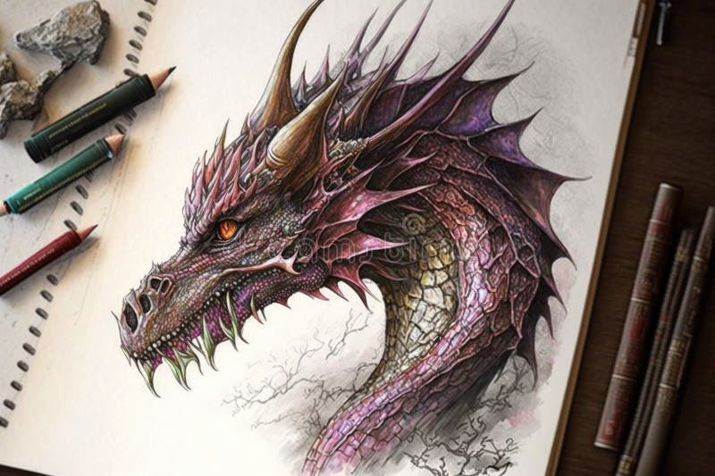 drawing dragon paper pencils close up close up view mesmerizing dragon intricate detailed drawing 279793908