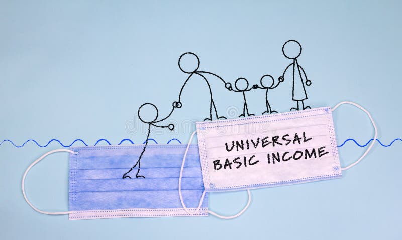 Drawing of family on face mask with universal basic income text helping another figure up from going under water royalty free stock photography