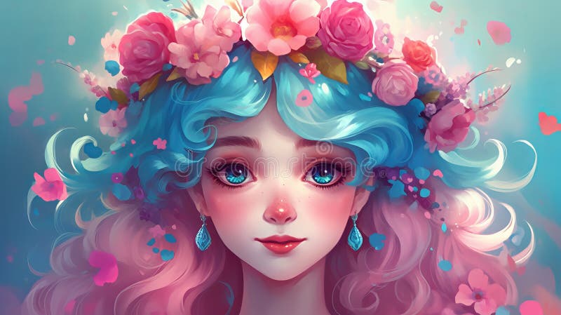 Drawing Girl with Flowers in Her Hair Generative AI Stock Illustration ...