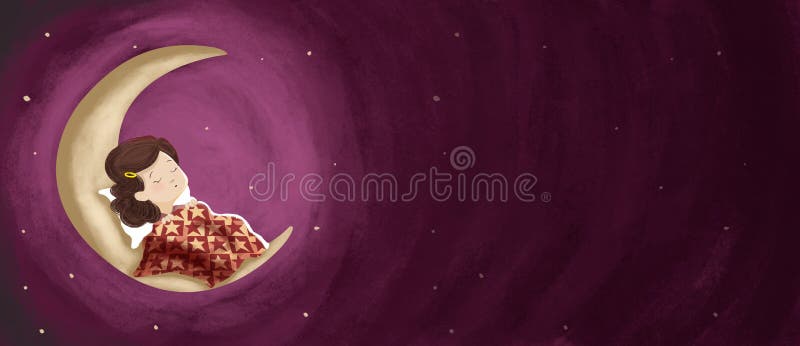 Drawing girl sleeping , dreaming at night on the moon. Horizontal stock illustration Drawing girl sleeping , dreaming at night on the moon. Horizontal stock illustration