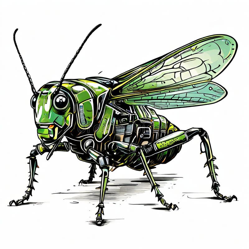 Drawing of a grasshopper with a yellow body and the word quot bug quot on it stock illustration