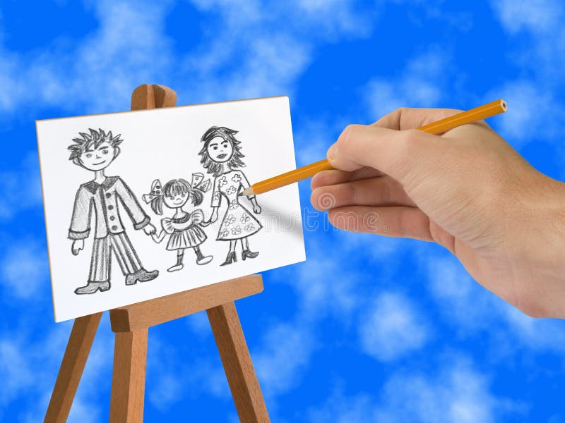 Drawing Happy family on easel, pencil in hand