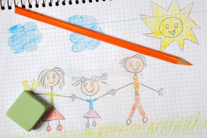 Drawing of a happy family taking a walk by the field