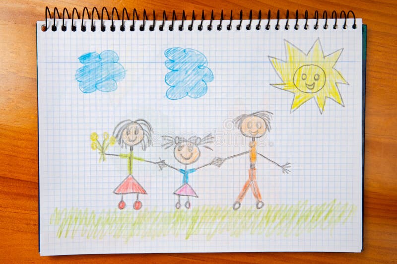 Drawing of a happy family taking a walk by the field