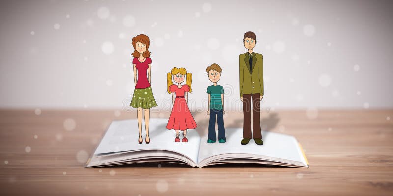 Drawing of a happy family on opened book. The symbol of unity and happiness