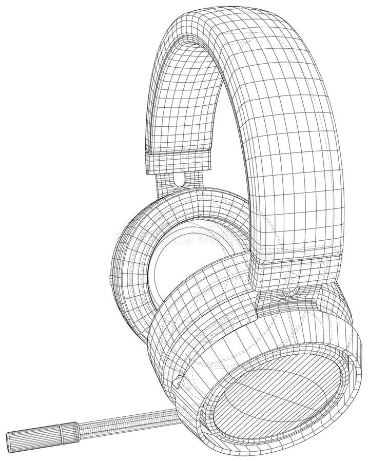 Drawing of Headphone Speaker Device. Technical Illustration Wireframe Stock Vector