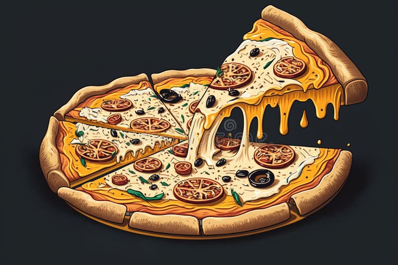 Drawing Hot Pizza Slice with Melting Cheese. Generative AI Stock
