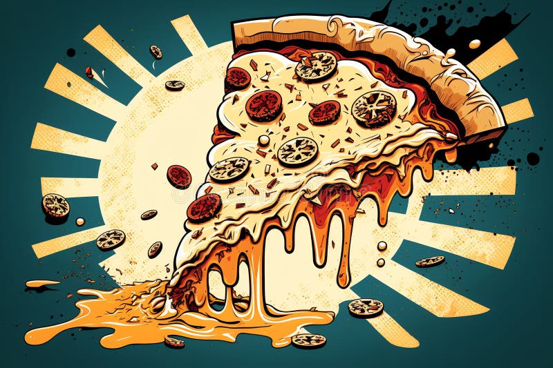 Drawing Hot Pizza Slice with Melting Cheese. Generative AI Stock