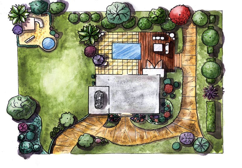 Drawing House Garden Cottage. the View from the Top Stock Illustration ...