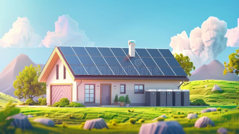 Drawing of a House with Solar Energy Panels Stock Illustration ...