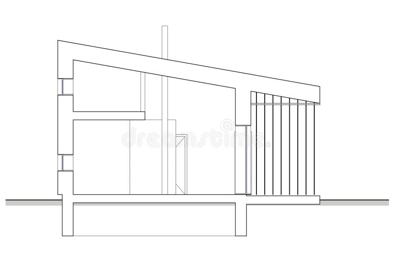 Drawing Isolated Section Of The Bungalow With Mezzanine Stock