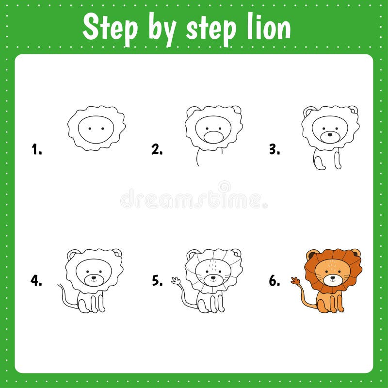 Drawing Lesson for Children. How Draw Lion Stock Vector - Illustration ...