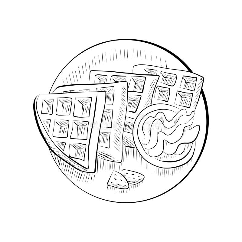 Drawing Lines. Art Line Plate with Waffles and Berries Stock