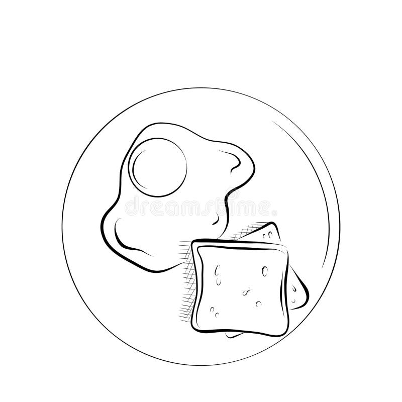 Drawing Lines. Line Art Plate with Breakfast Eggs, Bread Stock