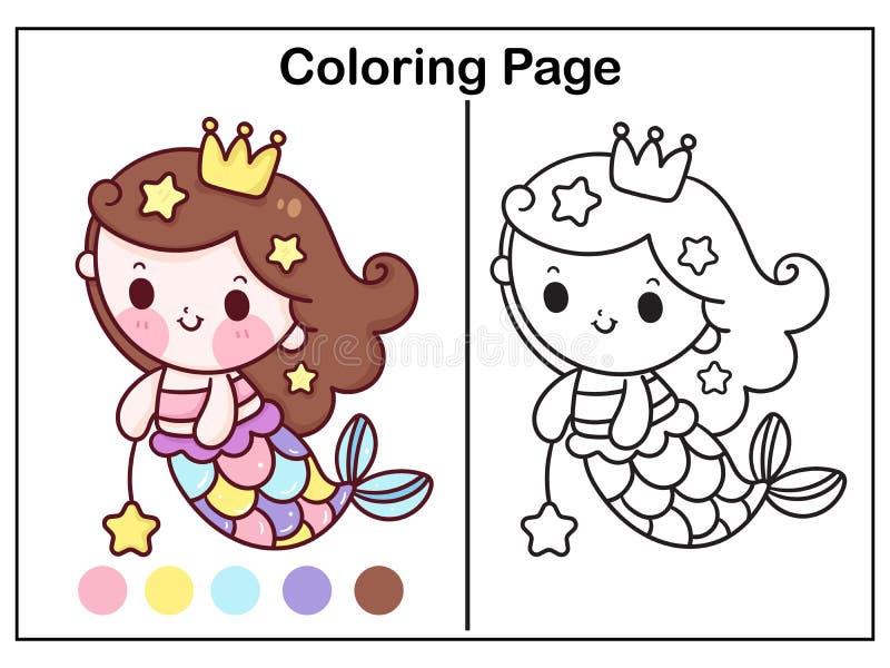 Drawing Mermaid Coloring Page Cartoon Little Princess Vector Kawaii with  Star Fish Stock Vector - Illustration of character, kawaii: 231664250