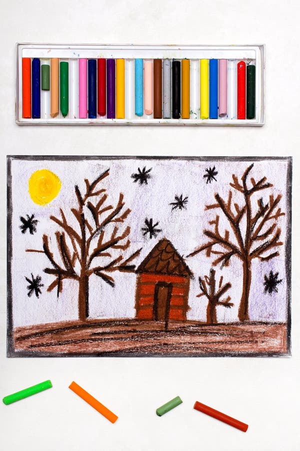 drawing night landscape small house forest colorful drawing night landscape small house forest 138457528